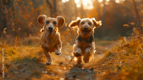 two adorable small dogs playing outdoors together, two small dogs playing together outdoors, cute dachshund dogs running, Generative Ai photo