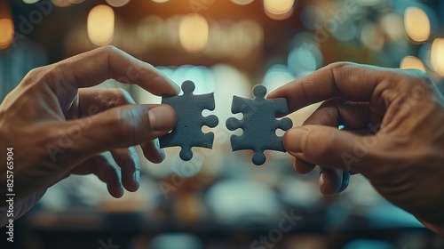 Closeup hands of man connecting jigsaw puzzle,Two hands trying to connect couple puzzle,business people putting the jigsaws team together,partnership success,Generative AI,3D render. photo