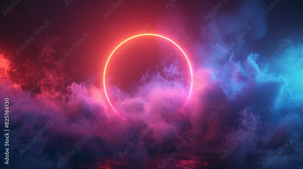 3d render, colorful neon light circle on dark background with fog and cloud. Colorful abstract wallpaper. 3d render, colorful neon light circle on dark background with fog and cloud. Colorful abstract wallpaper.