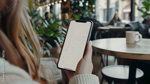 Mockup, using cell phone in a cafe coffee shop. Woman holding using smartphone with blank screen for display your graphic ads, mobile app. close-up