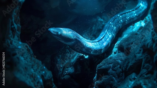 A luminescent eel gliding through a deep blue ocean cave, highlighting the mystery of the underwater world. photo