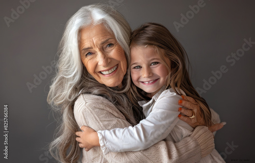 A beautiful grandmother with long silver hair, wearing white and smiling warmly while hugging her granddaughter in light colors