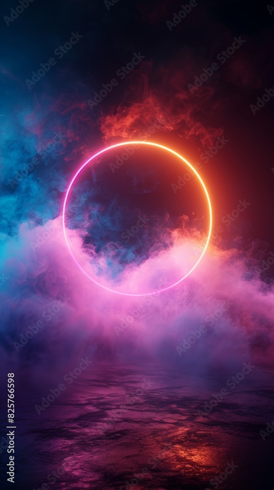 3d render, colorful neon light circle on dark background with fog and cloud. Colorful abstract wallpaper. 3d render, colorful neon light circle on dark background with fog and cloud. Colorful abstract wallpaper.
