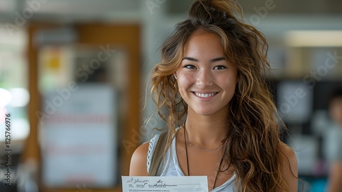 A student receiving a certificate with a big smile on their face, highlighting pride and accomplishment. List of Art Media Photograph inspired by Spring magazine photo