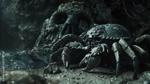 A crab moves among ancient underwater ruins  highlighting the eerie beauty of the ocean s hidden depths.