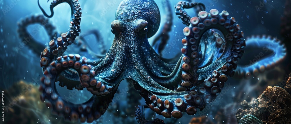 An octopus spreads its tentacles inside an ancient sunken temple, highlighting the mysterious underwater ruins. An octopus spreads its tentacles inside an ancient sunken temple, highlighting the mysterious underwater ruins.