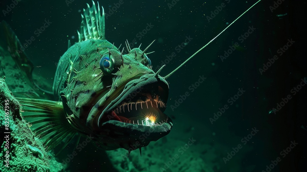 A menacing deep sea anglerfish with a bioluminescent glow, showcasing its sharp teeth and eerie light in the dark ocean. A menacing deep sea anglerfish with a bioluminescent glow, showcasing its sharp teeth and eerie light in the dark ocean.