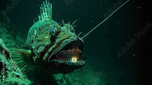 A menacing deep sea anglerfish with a bioluminescent glow  showcasing its sharp teeth and eerie light in the dark ocean.