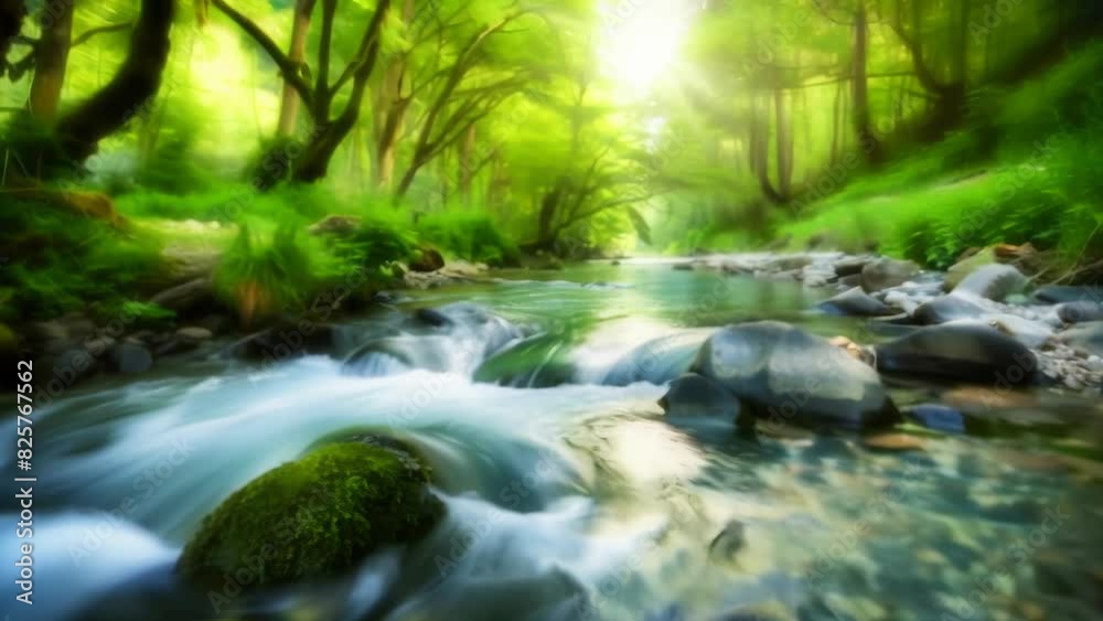Lush forest bathed in ethereal green light. Tranquil stream cascades over moss-covered rocks, creating a magical atmosphere. Sunbeams filter through dense foliage, illuminating mist rising from water. Lush forest bathed in ethereal green light. Tranquil stream cascades over moss-covered rocks, creating a magical atmosphere. Sunbeams filter through dense foliage, illuminating mist rising from water.