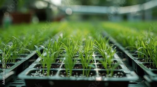 Agriculture   Rice seedlings freshly sprouted arranged neatly in the seeding tray