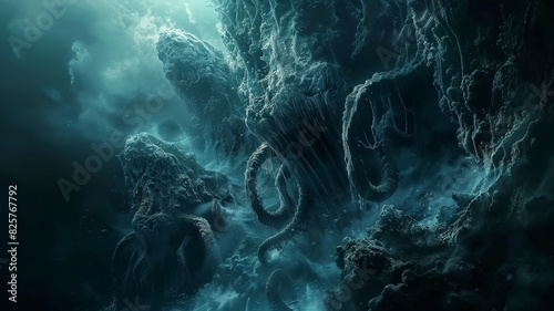 A massive, tentacled creature lurking in the abyssal depths, creating a haunting and mysterious underwater scene. photo