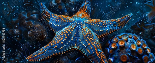 A bright blue starfish adorned with orange spots  lying on the ocean floor amidst colorful marine life and coral.