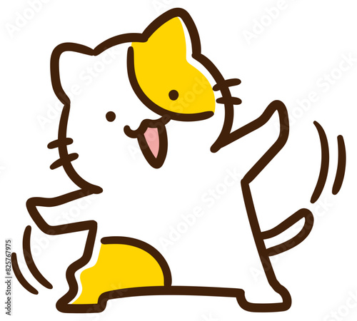 両手を広げて首を傾げるポーズをするかわいいねこのキャラクターのデフォルメイラスト