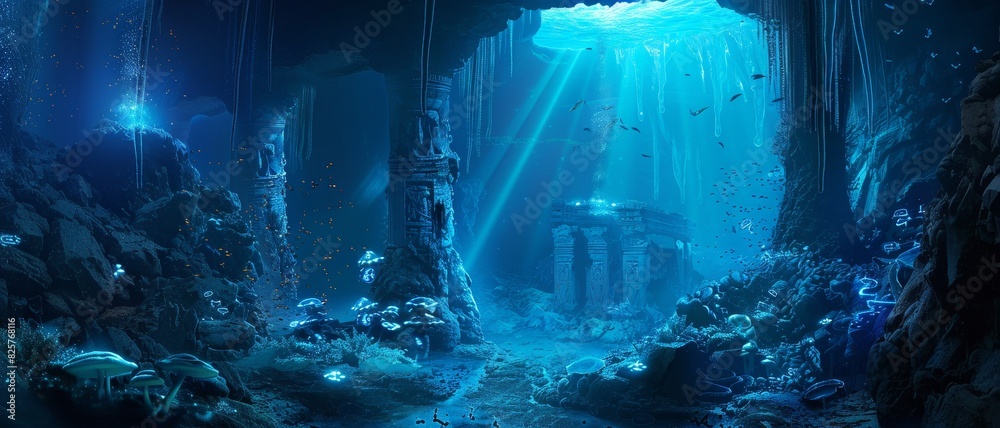 Ancient ruins submerged in a mystical underwater cave, with fish and marine life thriving among the structures illuminated by sunlight.