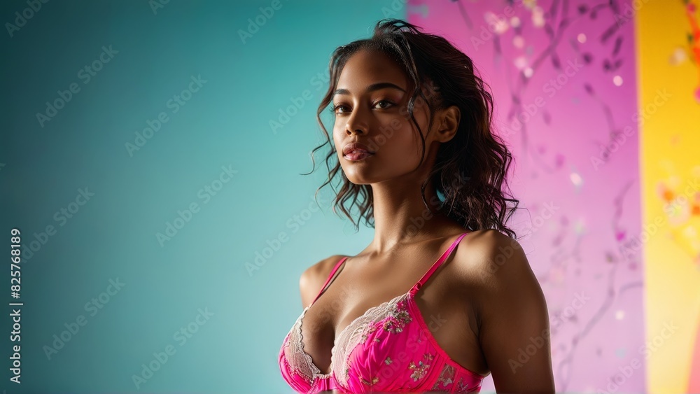 Obraz premium Fit and joyful Black lingerie model in dance fitness class wearing bright playful lingerie set