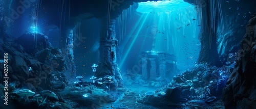 Ancient ruins submerged in a mystical underwater cave, with fish and marine life thriving among the structures illuminated by sunlight.