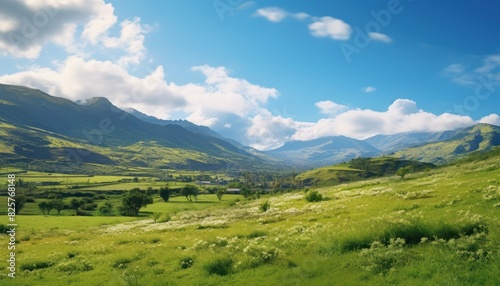 A stunning spring day landscaping views of fertile land surrounded beautiful green vegetation, wide stretches of hills and mountains with clear skies in spring