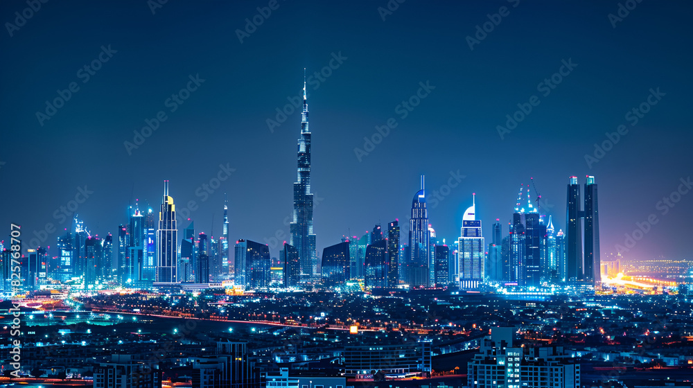 Fototapeta premium The beautiful skyline of Dubai City at night in the United States, generative AI