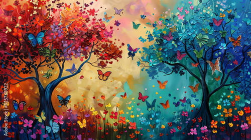  painting of a tree with rainbow colored leaves and butterflies in the branches. © Tabinda