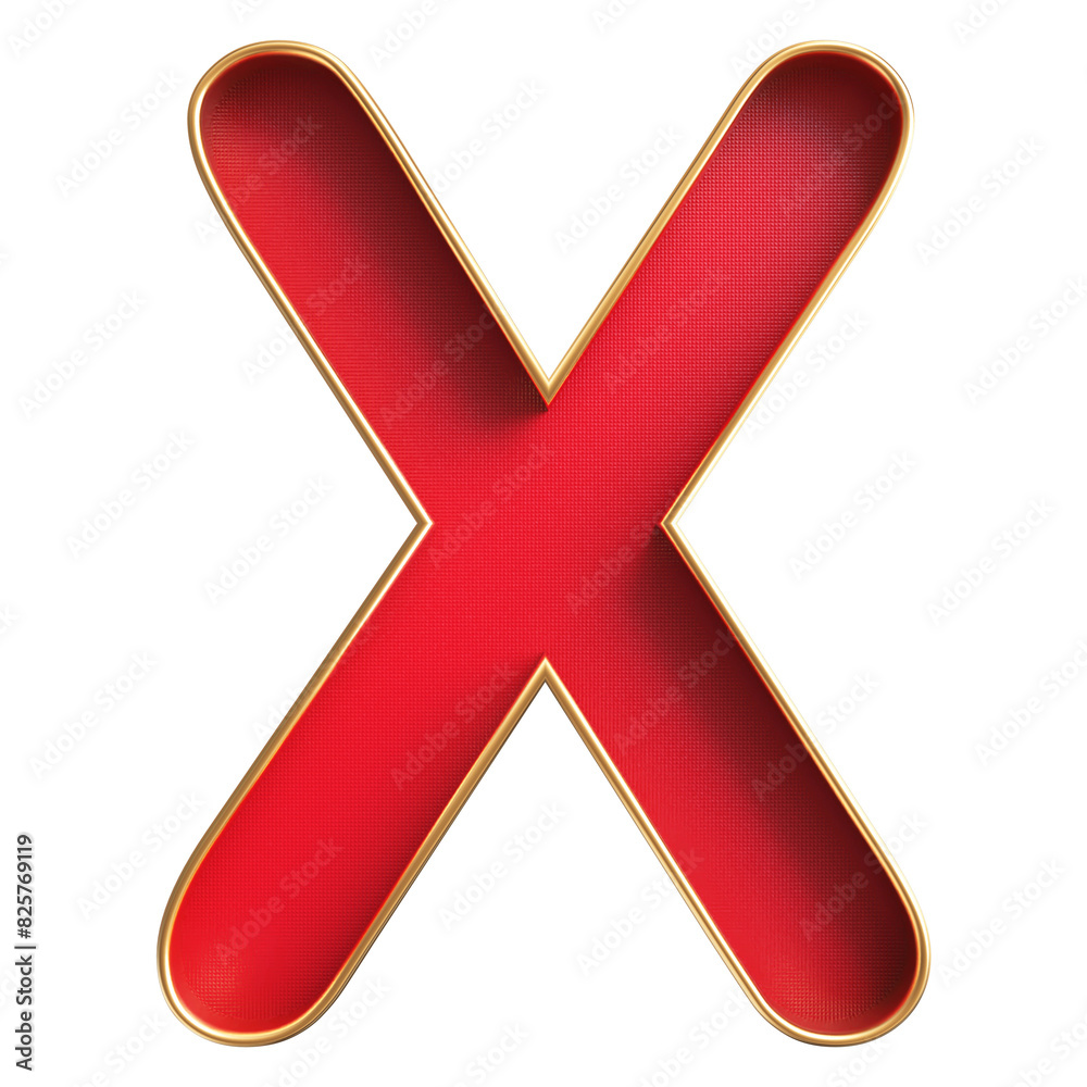 Letter X uppercase . 3D render red letter with golden outline