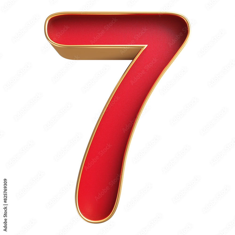 Number 7 . 3D render red number with golden outline Number 7 . 3D render red number with golden outline