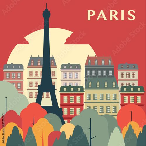 Paris retro city poster with abstract shapes of skyline, buildings, tower. Vintage France capital travel vector illustration	
