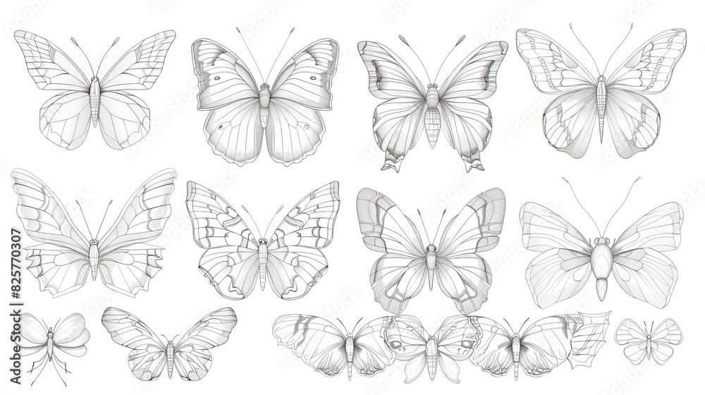 Butterfly continuous line drawing elements set isolated on white background, butterflies design, butterfly drawing