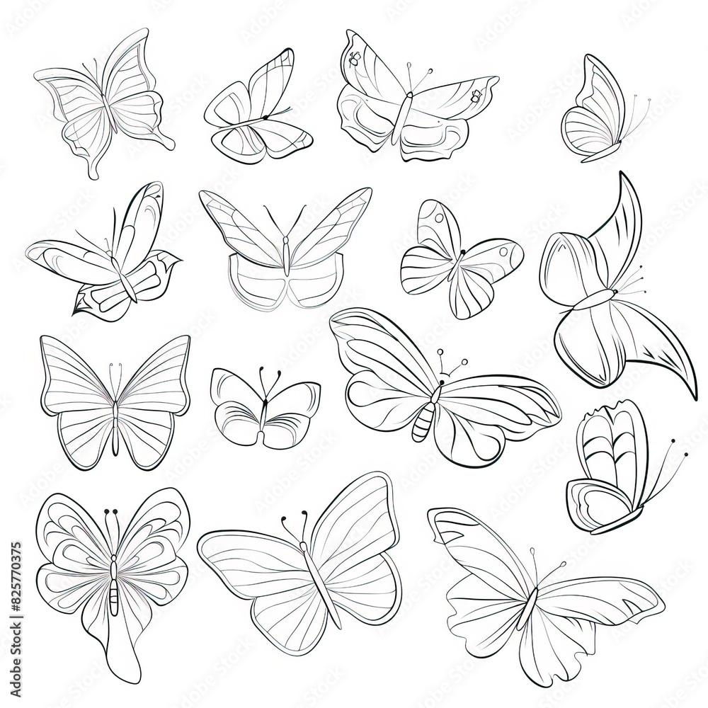 Butterfly continuous line drawing elements set isolated on white background, butterflies design, butterfly drawing Butterfly continuous line drawing elements set isolated on white background, butterflies design, butterfly drawing