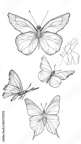Butterfly continuous line drawing elements set isolated on white background, butterflies design, butterfly drawing