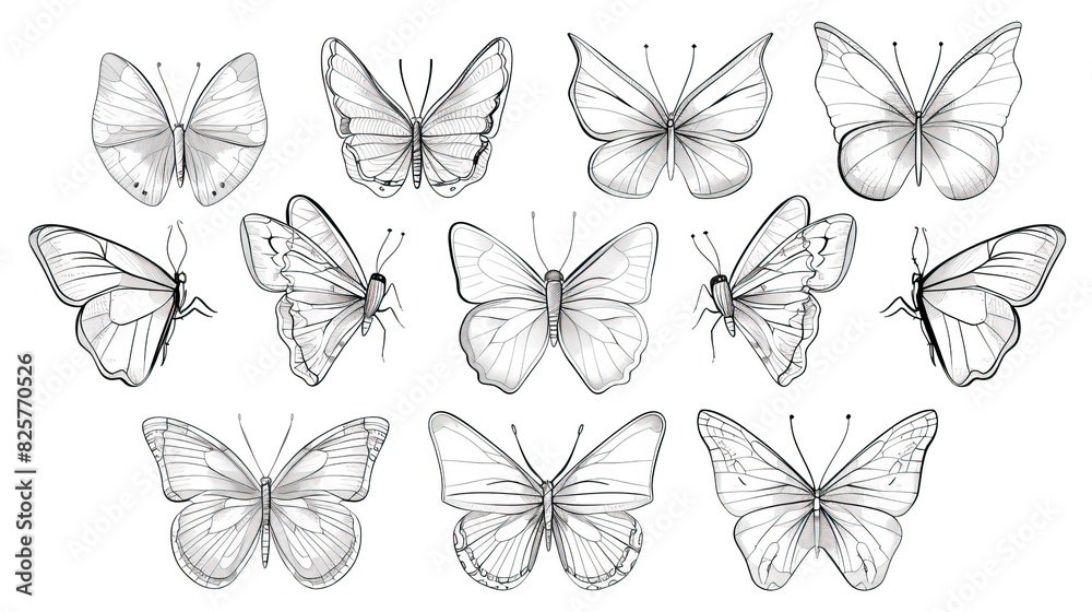 Butterfly continuous line drawing elements set isolated on white background, butterflies design, butterfly drawing