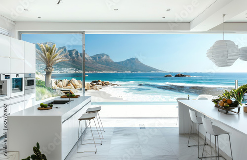 A bright, airy kitchen with white cabinets and walls, overlooking the beach in South Africa