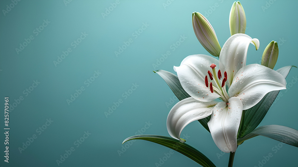 White lily flower on matching background with copy space, Lighting a candle next to a white calla flower on wood. Day of the dead, Generative Ai