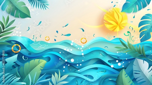 Summer background and banner with water  splash and waves in vector abstract shape. 