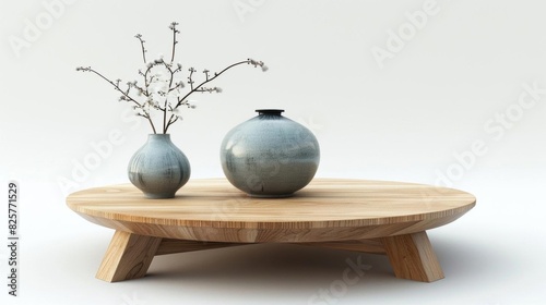 A round wooden table with a ceramic vase of white flowers and a blue vase. The table is on a white background.