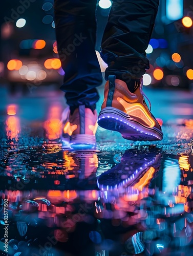 Glowing sneakers stepping on a rainy urban street, creating reflections of city bokeh.
