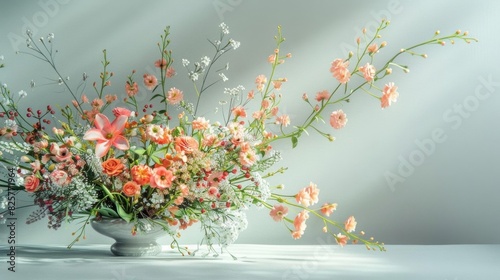 A beautiful arrangement of peach, pink, and white flowers in a white vase