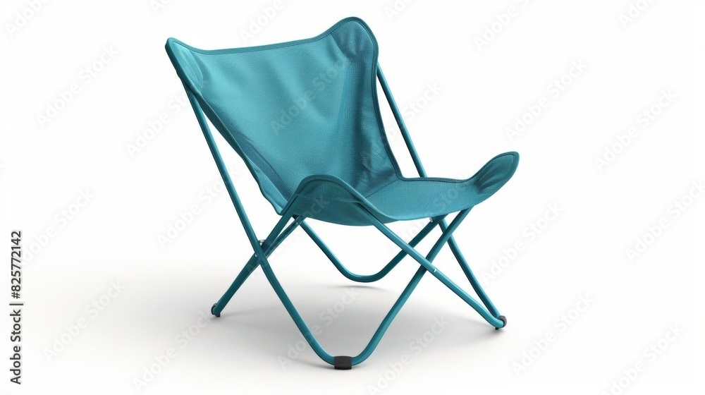A blue butterfly chair is sitting in a white void. The chair is made of a light blue fabric and has a metal frame. The chair is folded up and is not in use. A blue butterfly chair is sitting in a white void. The chair is made of a light blue fabric and has a metal frame. The chair is folded up and is not in use.