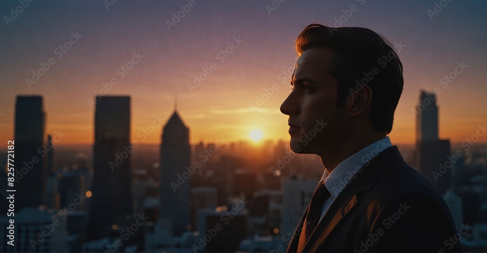Businessman silhouette merged with cityscape sunset, illustrating modern life and connectivity