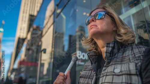 Determined blind woman using her white cane on a city sidewalk, reflections of buildings in her sunglasses, urban scene