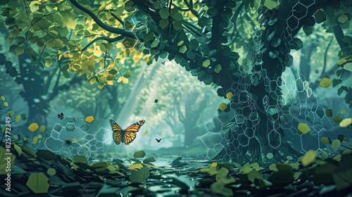 Woodland realm with trees of flowing liquid, hexagon details, and a dancing butterfly. photo