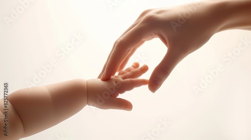 Close-up of a parent's hand gently touching a baby's hand, symbolizing love, care, and connection on a soft background.