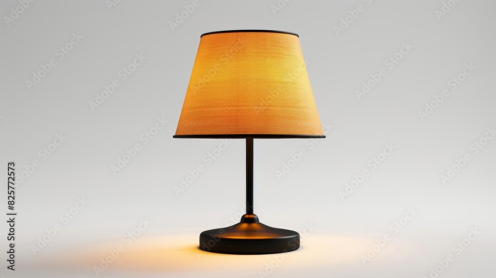 Photo of a table lamp with a brown lampshade. The lamp is turned on and is emitting a warm light. The lamp is sitting on a white table. The background is a soft grey. Photo of a table lamp with a brown lampshade. The lamp is turned on and is emitting a warm light. The lamp is sitting on a white table. The background is a soft grey.