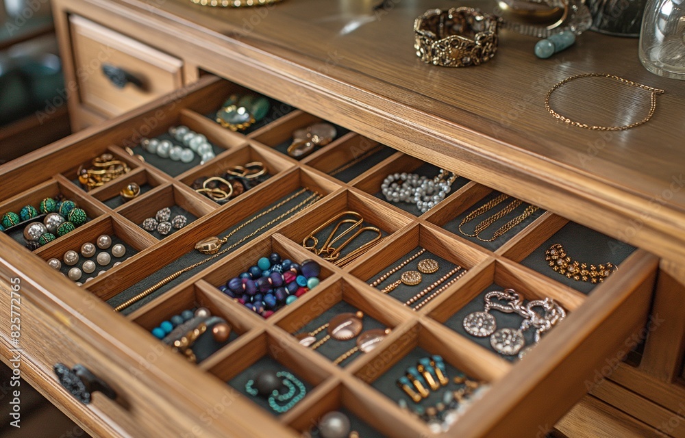 Pull open the wooden drawer with jewellery and accessories with your hand.