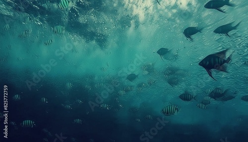 underwater scene with fishes scene withshark drone picture Breathtaking aerial view of a pristine beach with clear blue water and sunbathers. Tropical beach paradise captured from above, showcasing tu