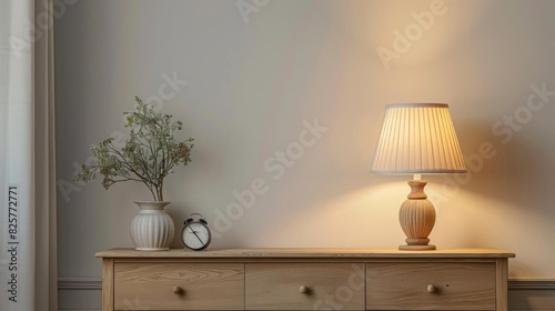 Create a photo of a wooden dresser with a lamp and vase on top of it photo