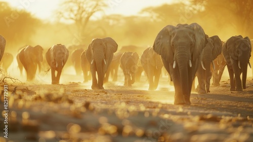 A stampede of elephants marching across a dry riverbed their trunks raised in unison as they move towards a new water source.