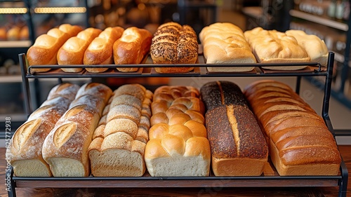 Different types of breads displayed on the shelves of a mall bakery