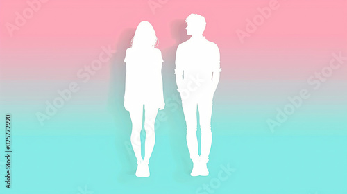 Silhouettes of man and woman against colorful gradient background, symbolizing gender and racial equality in contemporary concept photography