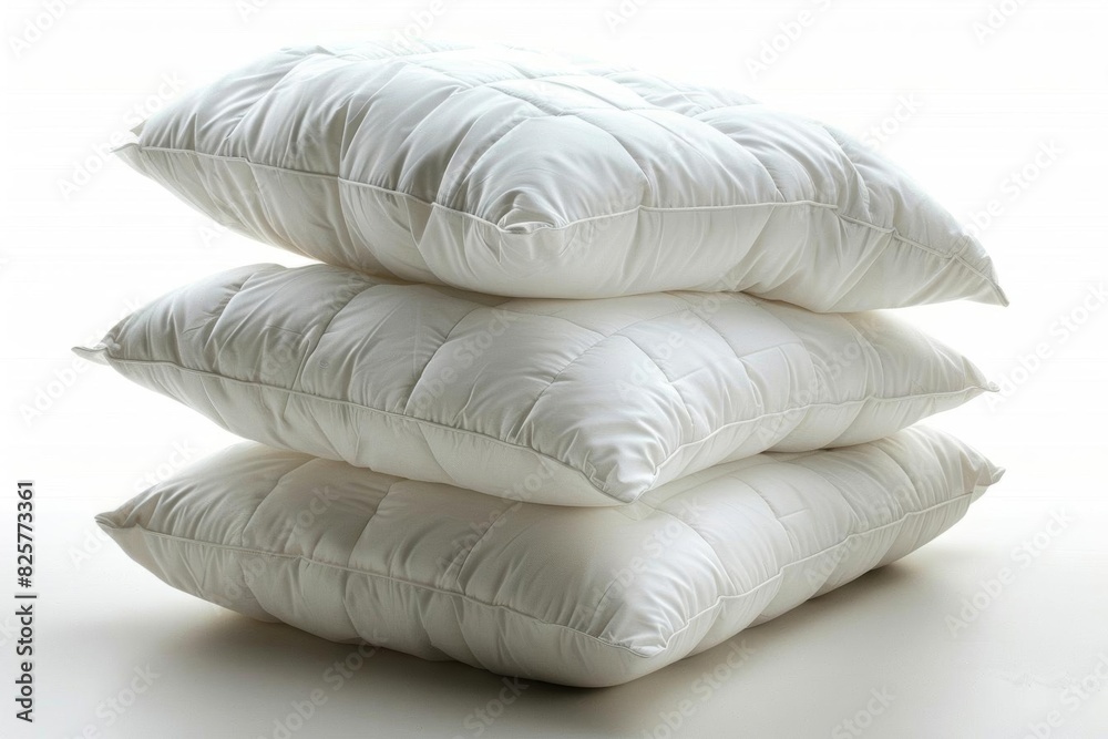 A stack of three white pillows on a white background. The pillows are clean and fluffy. A stack of three white pillows on a white background. The pillows are clean and fluffy.