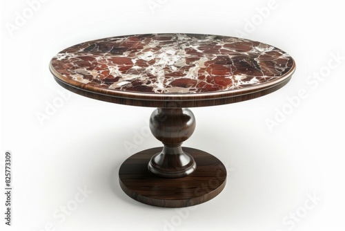 A round marble table with a dark wood base. The table is perfect for a dining room or kitchen. photo